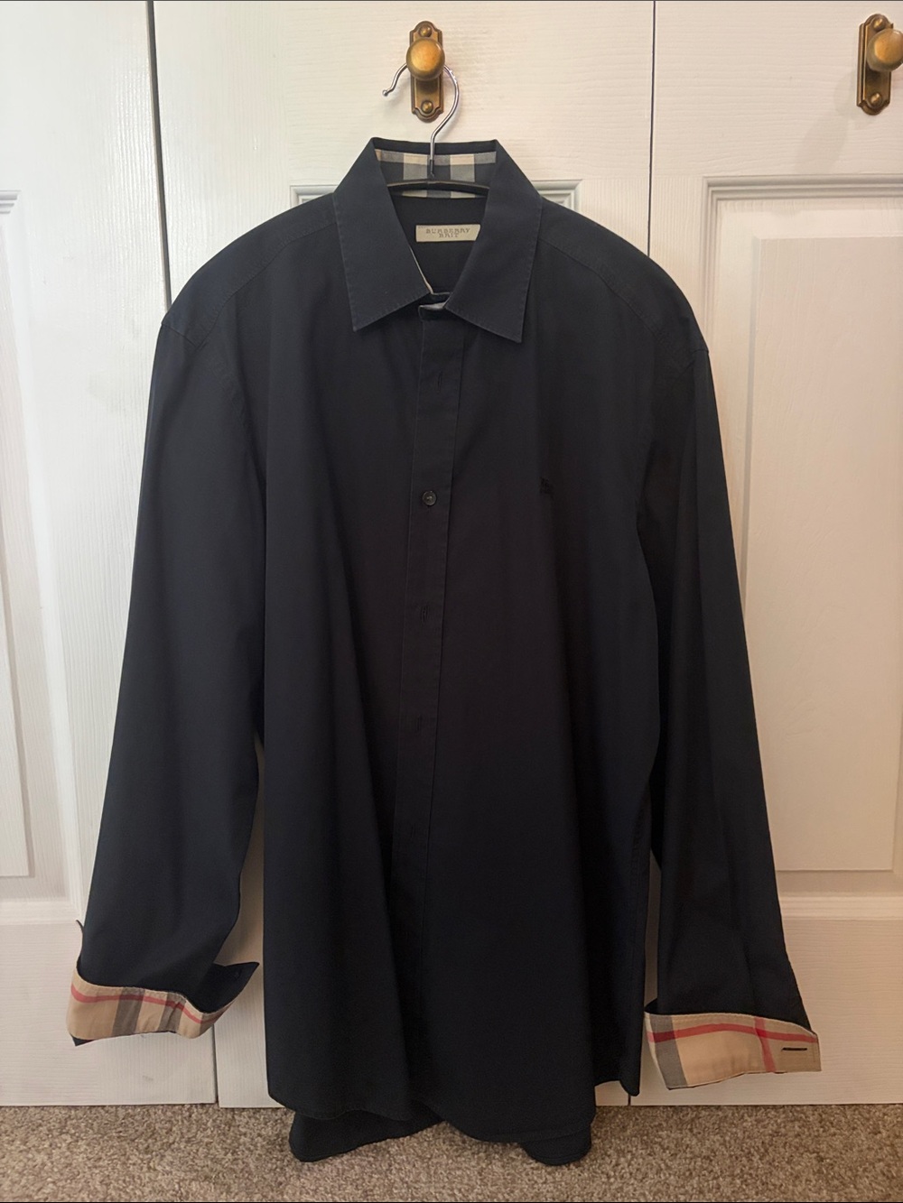 Burberry Black Long-Sleeve Dress Shirt with Check Cuff Detail